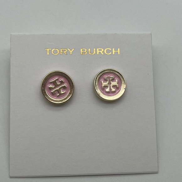 Tory Burch Pink Round Gold Logo Stud Earrings - Picture 1 of 5